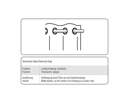 Technické údaje: Průsvitné, neprůhledné. Zavěšení pomocí oček na záclonovou tyč.