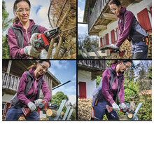 Koláž: Žena pracuje s akumulátorovou řetězovou pilou na větvích a dřevě