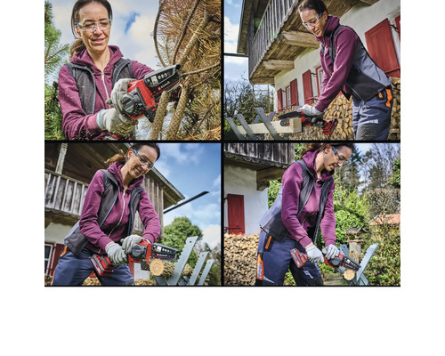 Koláž: Žena pracuje s akumulátorovou řetězovou pilou na větvích a dřevě