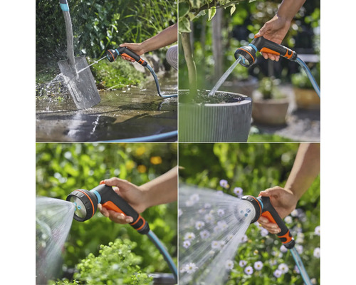 Koláž různých aplikací zahradní sprchové hlavice