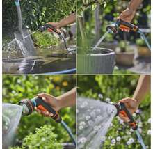 Koláž různých použití zahradní stříkací pistole k čištění a zavlažování