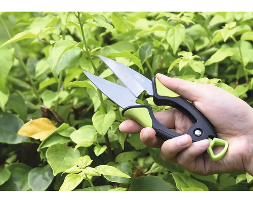 Ruka se zahradnickými nůžkami před zelenými rostlinami