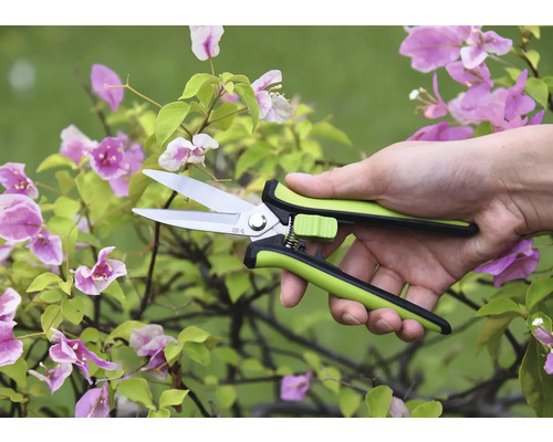 Zahradní nůžky v ruce před kvetoucí rostlinou