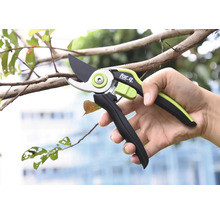 Detailní záběr ruky držící nůžky na větve při stříhání větve