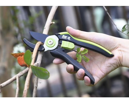 Osoba drží zahradní nůžky při stříhání větve.