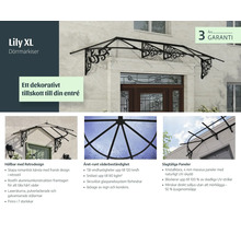 Dveřní stříška Lily XL v retro stylu s černou hliníkovou konstrukcí a čirými panely nad vchodovými dveřmi, včetně tříleté záruky.