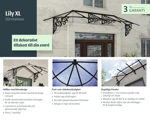 Dveřní stříška Lily XL v retro stylu s černou hliníkovou konstrukcí a čirými panely nad vchodovými dveřmi, včetně tříleté záruky.