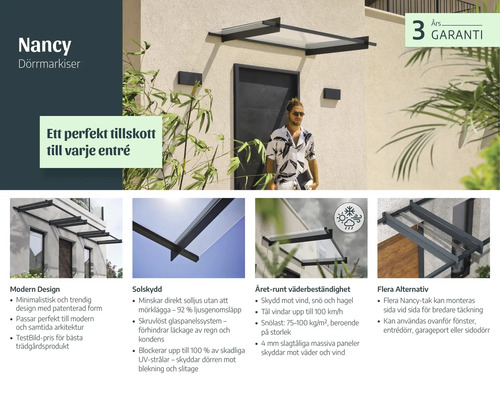 Infografika pro vchodovou stříšku Nancy s moderním designem, ochranou proti slunci, odolností proti počasí a zárukou 3 roky.