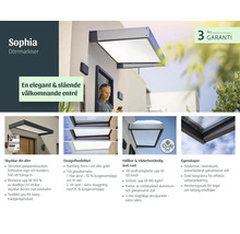 Infografika pro vchodovou stříšku Sophia s detaily o designu, odolnosti vůči počasí, tříleté záruce a integrovaném okapu u vchodu.