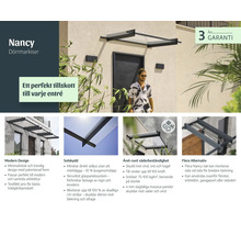 Infografika pro vchodovou stříšku Nancy s moderním designem, ochranou proti slunci, odolností proti počasí a zárukou 3 roky.