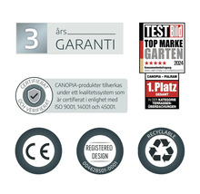 3letá záruka, ocenění Test Bild Top Marke Garten 2024, certifikace ISO, značka CE, registrovaný design a recyklovatelné.