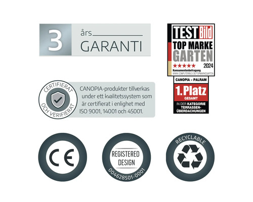 3letá záruka, ocenění Test Bild Top Marke Garten 2024, certifikace ISO, značka CE, registrovaný design a recyklovatelné.