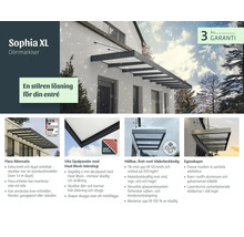 Dveřní stříška Sophia XL z hliníku a opálově bílých panelů. Infografika s detaily o odolnosti proti počasí, logem Heat Block a záruce.