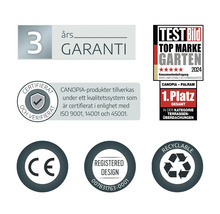 Symboly pro tříletou záruku, ocenění Top Marke Garten 2024, certifikaci ISO, značku CE, registrovaný design a recyklovatelnost.