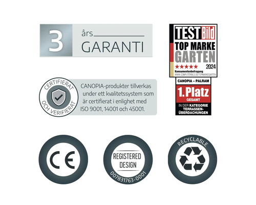 Symboly pro tříletou záruku, ocenění Top Marke Garten 2024, certifikaci ISO, značku CE, registrovaný design a recyklovatelnost.