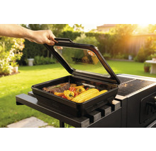 Grilovací box s steakem, paprikami a kukuřičnými klasy na grilu na zahradě
