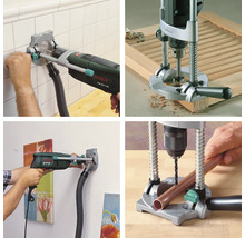 Vícenásobný pohled na vrtačku s odsáváním prachu a vrtačkovými stojany v provozu.