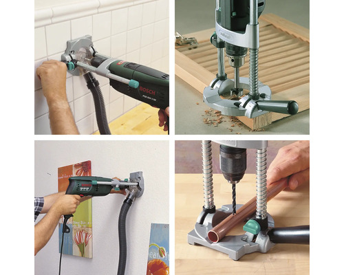 Vícenásobný pohled na vrtačku s odsáváním prachu a vrtačkovými stojany v provozu.