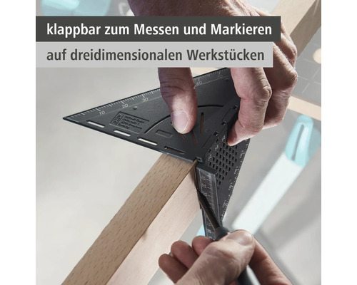 Logo Wolfcraft. Skládací úhelník pro měření a značení trojrozměrných obrobků