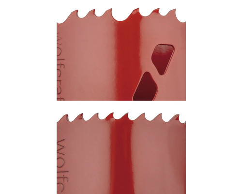 Detailní záběr děrovací pily se zuby a výřezy.