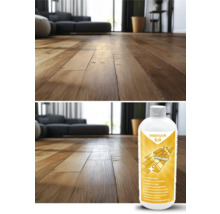 Scéna s laminátovou podlahou a čističem laminátu od Rakkuun