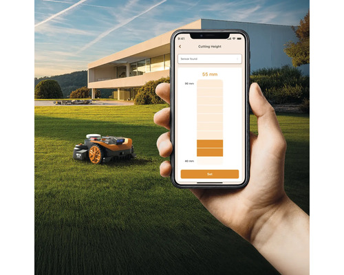 Mobilní telefon s aplikací pro nastavení výšky sečení robotické sekačky na trávníku