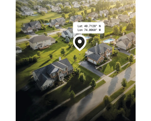 Letecký pohled na obytnou čtvrť s domy, zahradami a ulicemi