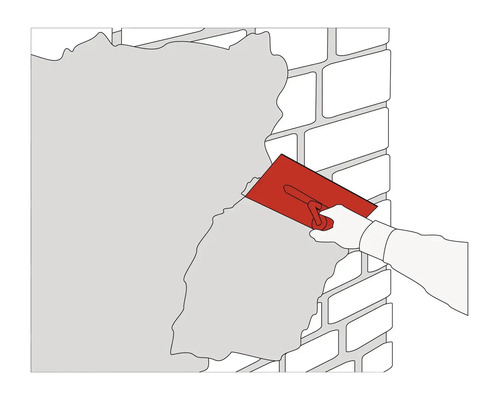 Ilustrace osoby nanášející omítku na zeď pomocí hladítka