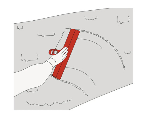 Ilustrace ruky, která používá špachtli k dekoraci stěn.