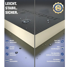 Logo Swisspor. Ilustrace izolační desky s vlastnostmi, jako je vodotěsnost, nízká hmotnost, snadné zpracování, vysoká tvarová stálost a pevnost v tlaku.