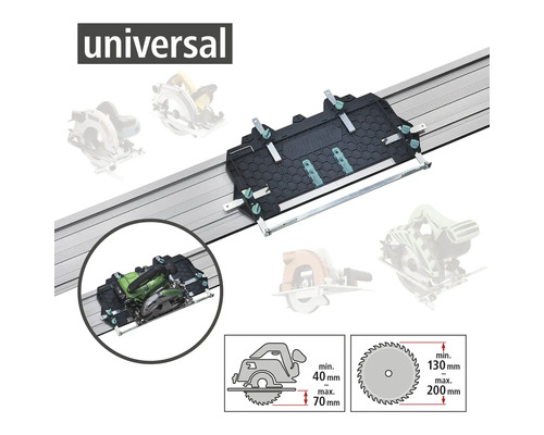 Univerzální vodicí lišta pro ruční okružní pily s hloubkou řezu od 40 milimetrů do 70 milimetrů a průměrem pilového kotouče od 130 milimetrů do 200 milimetrů