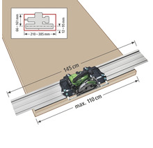 Obrázek ruční okružní pily s vodicí lištou pro řezání obrobku o rozměrech 145 cm a maximálně 110 cm, včetně rozměrových údajů.