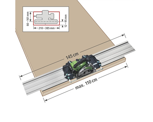 Obrázek ruční okružní pily s vodicí lištou pro řezání obrobku o rozměrech 145 cm a maximálně 110 cm, včetně rozměrových údajů.