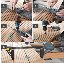 Fotokoláž pokládky dřevěné terasy s montážní šablonou pro terasy a akumulátorovým šroubovákem