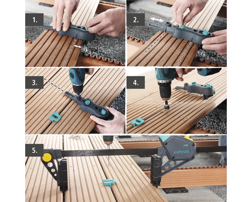 Fotokoláž pokládky dřevěné terasy s montážní šablonou pro terasy a akumulátorovým šroubovákem