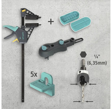Montážní sada Wolfcraft s rychloupínací svěrkou, vrtací šablonou, vrtacím pouzdrem a značkovači kolíků
