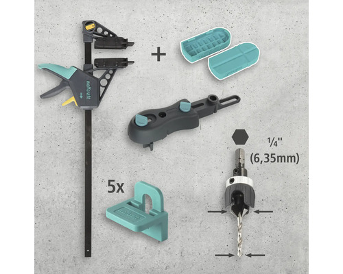 Montážní sada Wolfcraft s rychloupínací svěrkou, vrtací šablonou, vrtacím pouzdrem a značkovači kolíků