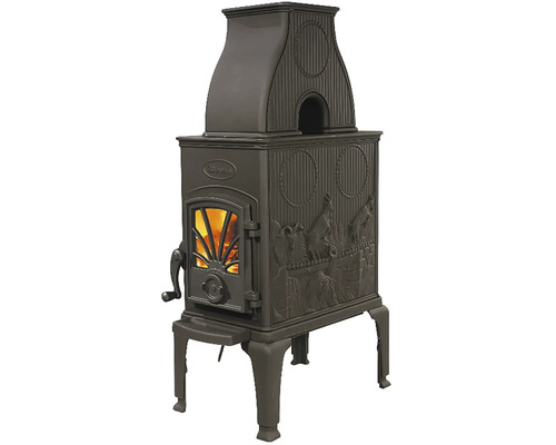 Krbová kamna z litiny s reliéfními ozdobami a proskleným okénkem