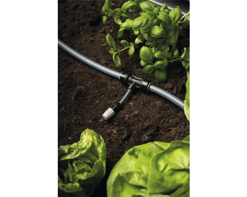 Zavlažovací systém s hadicí, T-kusem a rostlinami v zahradním záhonu