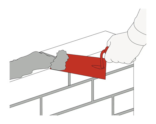 Ilustrace ruky nanášející maltu na cihlovou zeď pomocí lžíce.