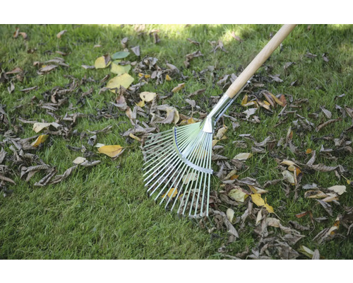 Hrábě na listí s dřevěnou násadou na trávníku s listím