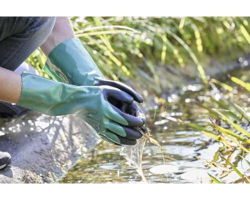 Osoba s vodotěsnými zahradními rukavicemi čistí zahradní jezírko