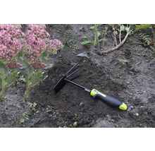 Zahradní nářadí s hráběmi a motykou v záhonu vedle rostliny