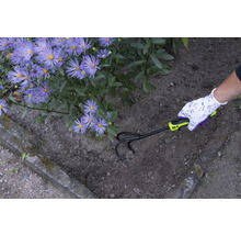 Zahradník kypří půdu kultivátorem vedle fialových květin.