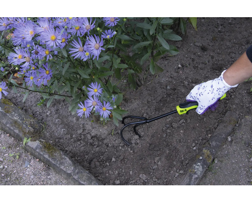 Zahradník kypří půdu kultivátorem vedle fialových květin.