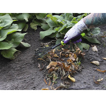 Osoba se zahradními rukavicemi používá vějířové hrábě k odstraňování listí.