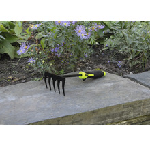 Zahradní hrábě s pěti hroty před květinovým záhonem