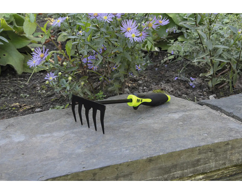 Zahradní hrábě s pěti hroty před květinovým záhonem