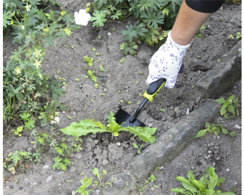 Zahradní scéna s rukou, zahradní rukavicí a vytrhávačem plevele v akci.