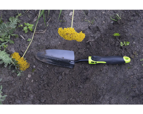 Zahradní lopatka se žlutým květenstvím v zahradním záhonu